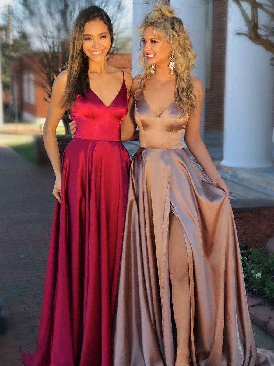 Satin Spaghetti Straps Long Red A line Prom Dress