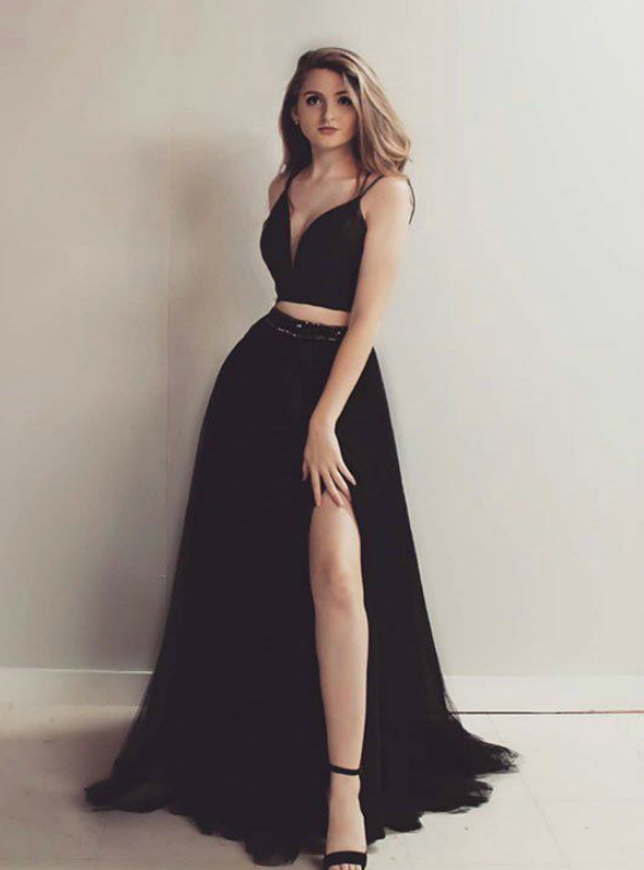 black two piece formal dress Black Two Pieces Long Prom Dresses, Mermaid Lace Formal Dress For Prom,  MP105