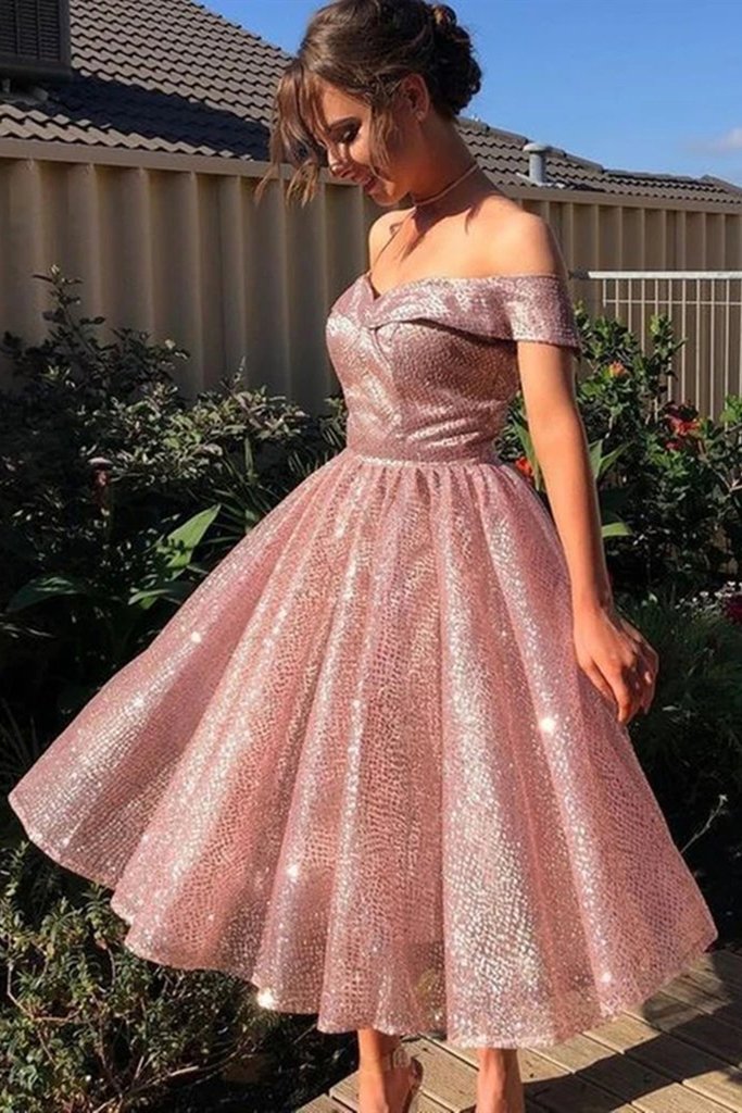 Shop 2021 Rose Gold Off The Shoulder Sequin Tea Length Prom Dress Under 125 Shop 2021 Rose Gold Off The Shoulder Sequin Tea Length Prom Dress Under 125