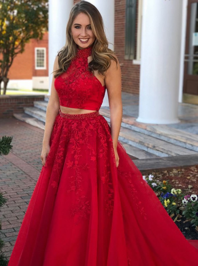 High neck red prom dress online