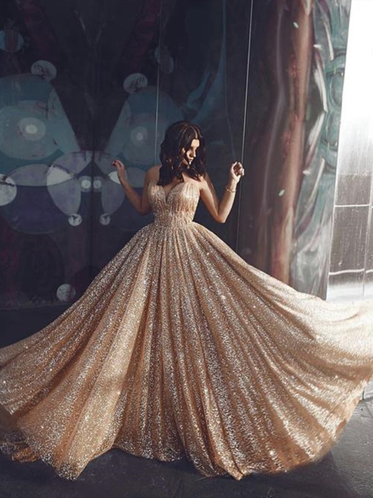 Gold spaghetti strap prom dress on sale