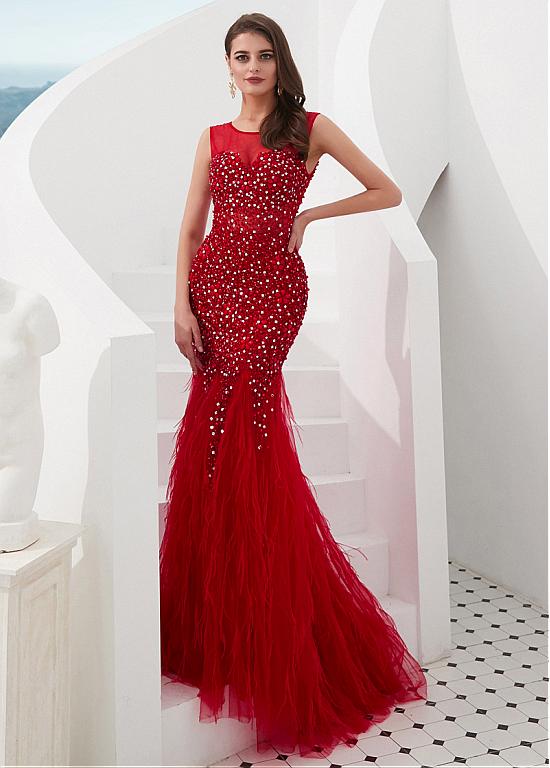 Beading Tulle & Spandex Jewel Floor-length Mermaid Evening Dress