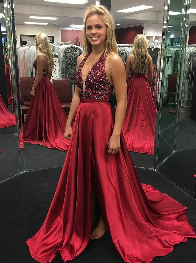 dark red prom dress