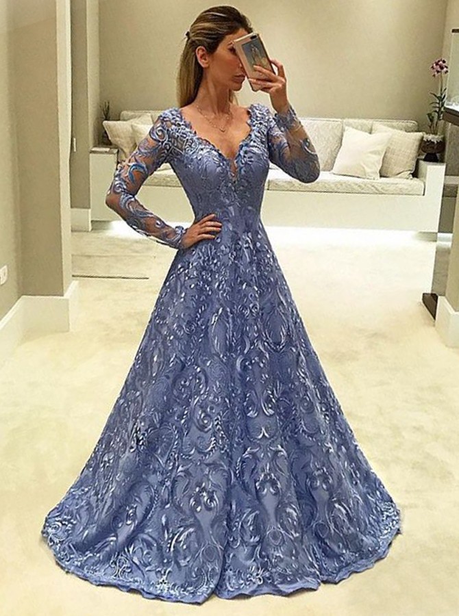 Light Sky Blue Lace A Line V Neck Long Sleeves Prom Evening Dress