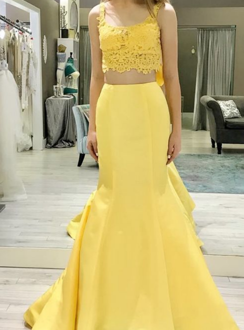 Shop 2020 Two Piece Straps Lace Satin Long Yellow Mermaid Prom Dress Under 100