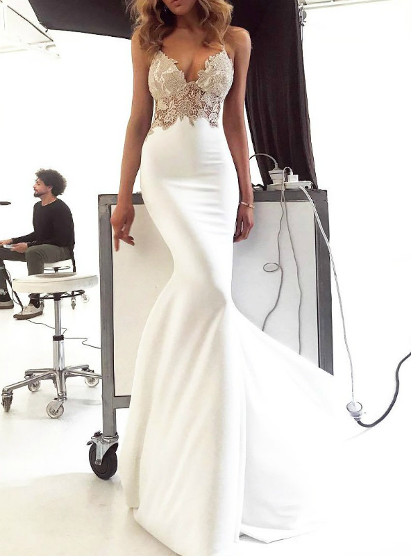 white spaghetti strap prom dress