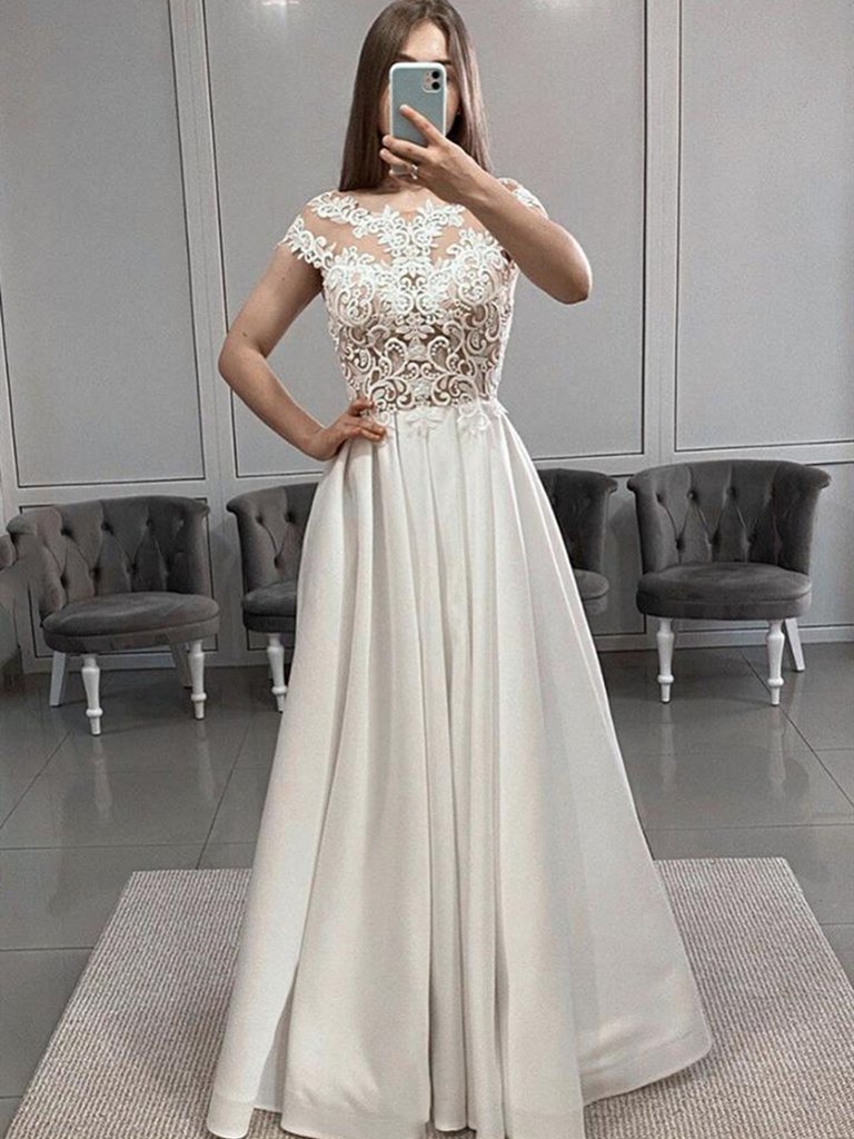 Buy Cheap White Scoop Appliques Short Sleeve Satin Lace Beading Prom Dress  Under 188, image size:768x1024