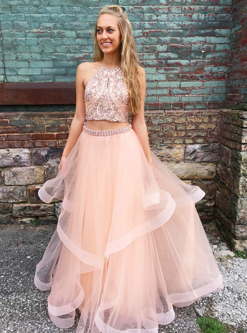 Cheap 2019 Pink Tulle Halter Beading Long Two Piece Prom Dress