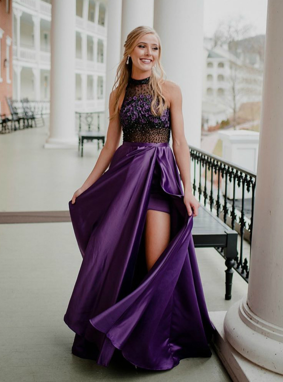 green emerald velvet dress A Line Thin Strap Purple Lace Long Prom Dress, Purple Lace Formal Dres –  abcprom main image 0