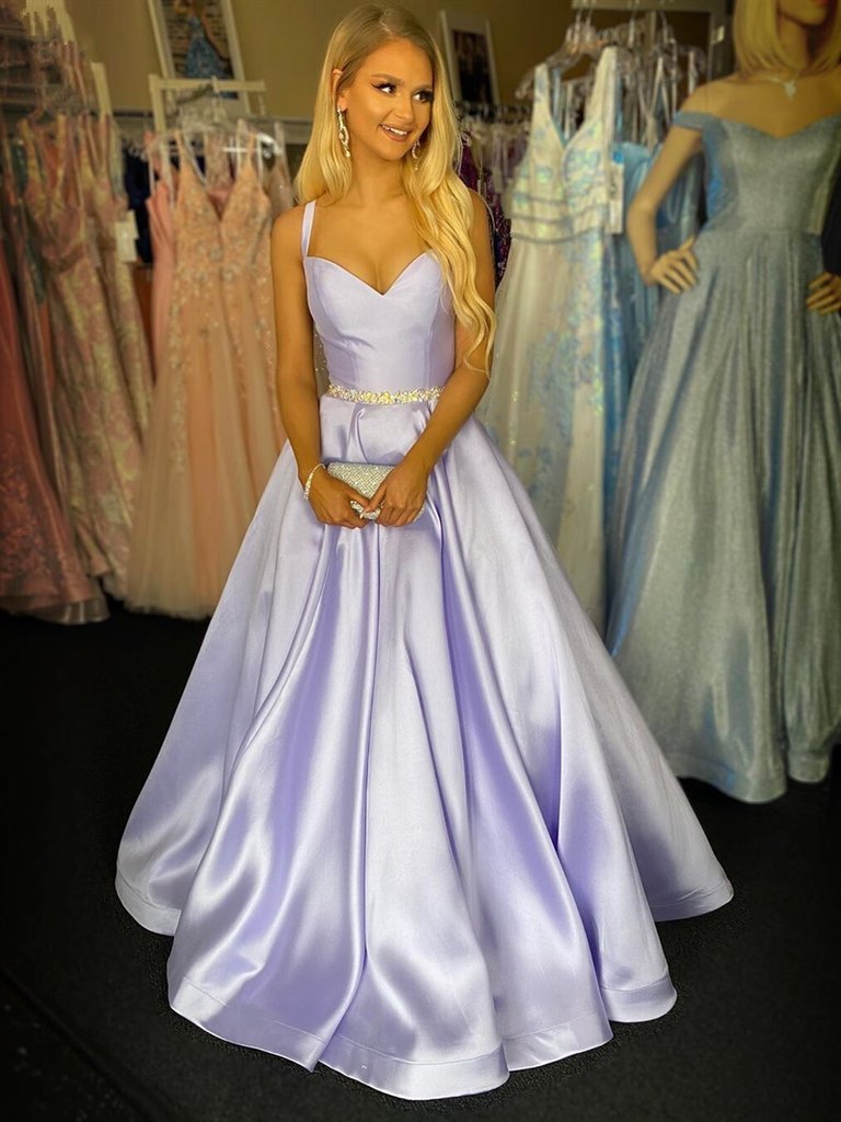 Spaghetti Straps A Line Beading Purple Satin Prom Dress