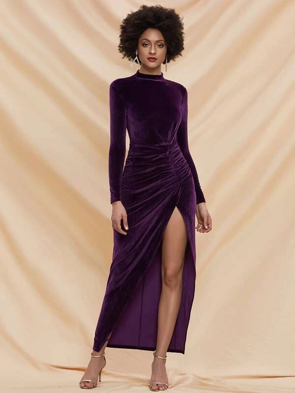 Shop 2021 High Neck Long Sleeve Velvet Ruched Split Thigh Purple Prom Dress  Under 65