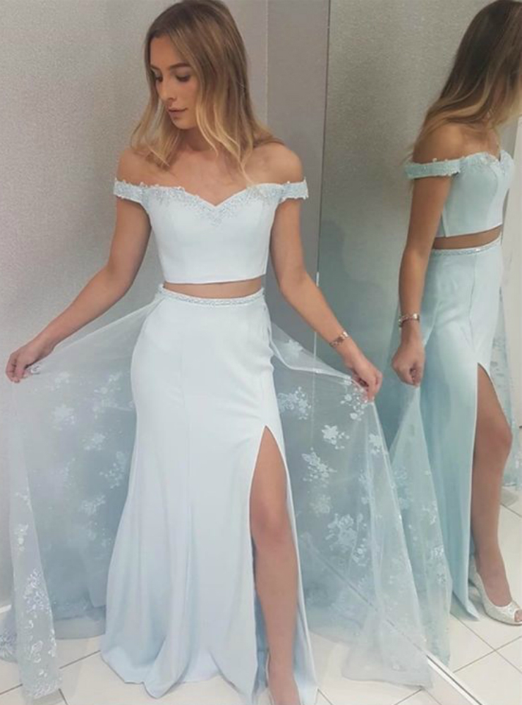 blue floral dress for wedding guest Light Blue Lace Mermaid Two Piece Scoop Prom Dresses SP744 main image 0