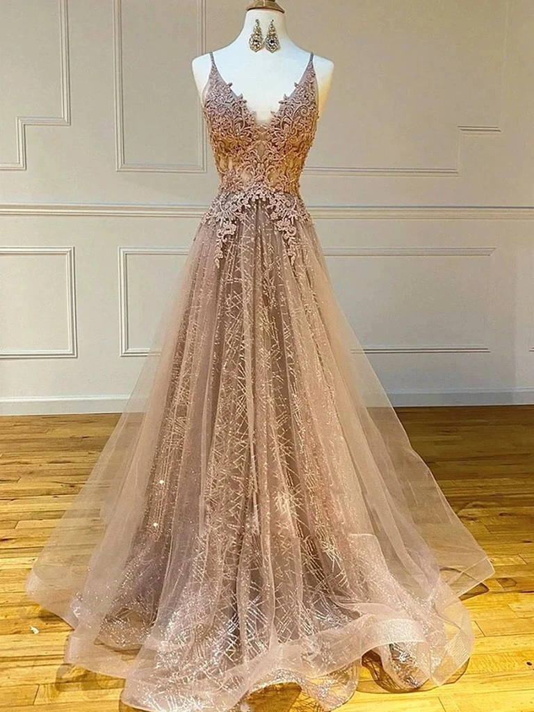 Champagne A Line V Neck Sparkle Lace Long Prom Dress Champagne A Line V Neck Sparkle Lace Long Prom Dress