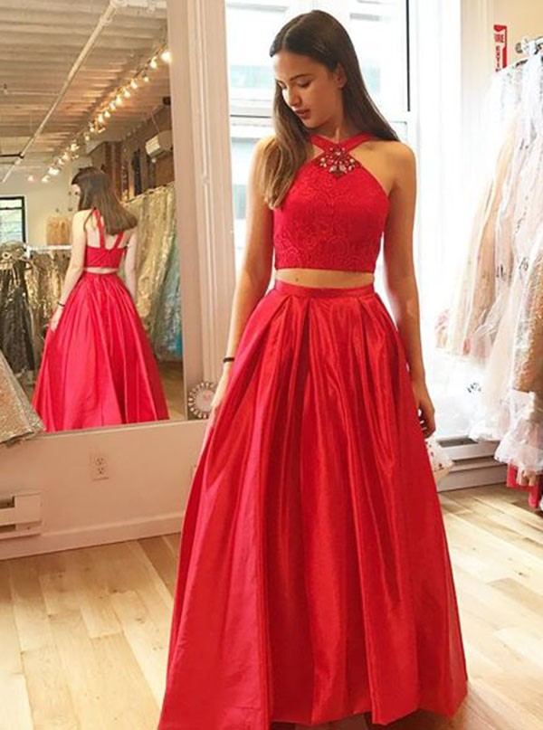 Lace Rhinestones Two Piece V-Neck Long Red Satin Prom Dress