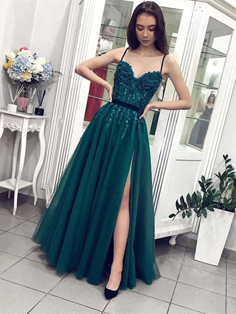 Womens Formal Dress Ball Gown Christmas Prom Dresses V-Neck Hunter Green  Beaded Tulle Prom Dress