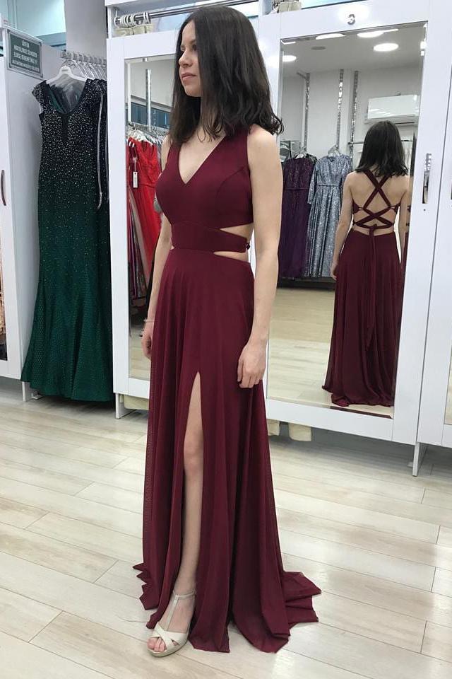 Shop Cut Out Sheath V Neck Chiffon Burgundy Long Prom Dress with Slit Under 100 Shop Cut Out Sheath V Neck Chiffon Burgundy Long Prom Dress with Slit Under 100