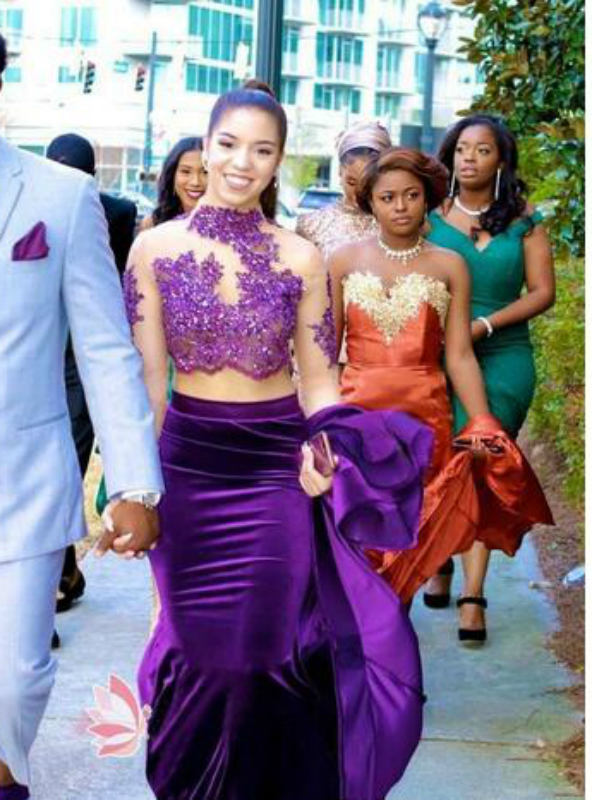 High Neck Purple Lace Long Sleeve Backless Mermaid Two Piece Prom Dress