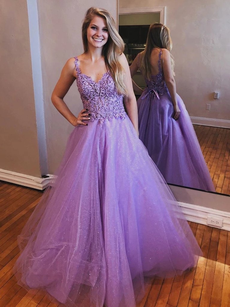 Shop Cheap 2020 Lilac V Neck Open Back Tulle Beading Lavender Lace Long Prom  Dress Under 200