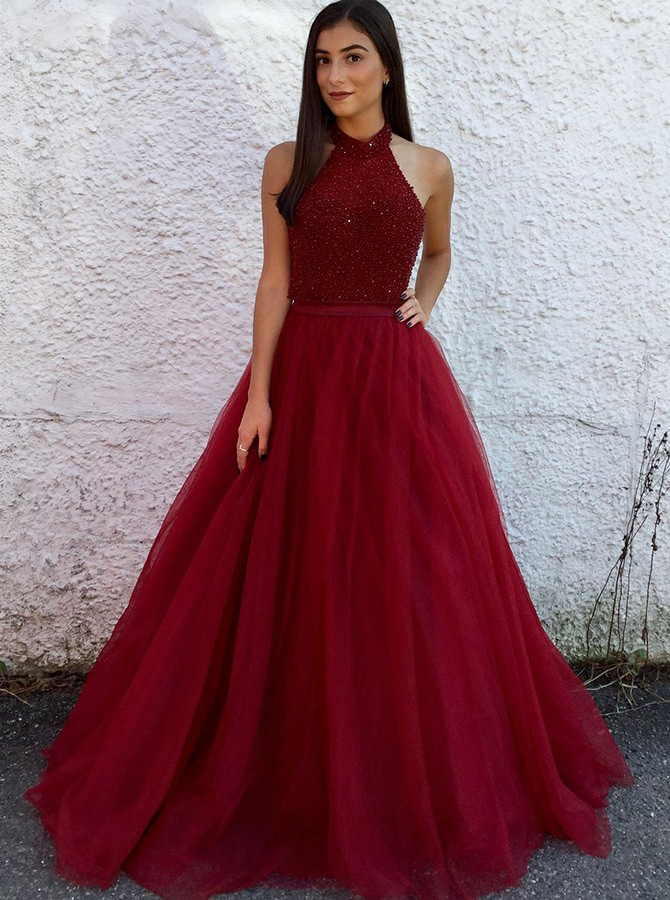 Red halter top prom hot sale dress