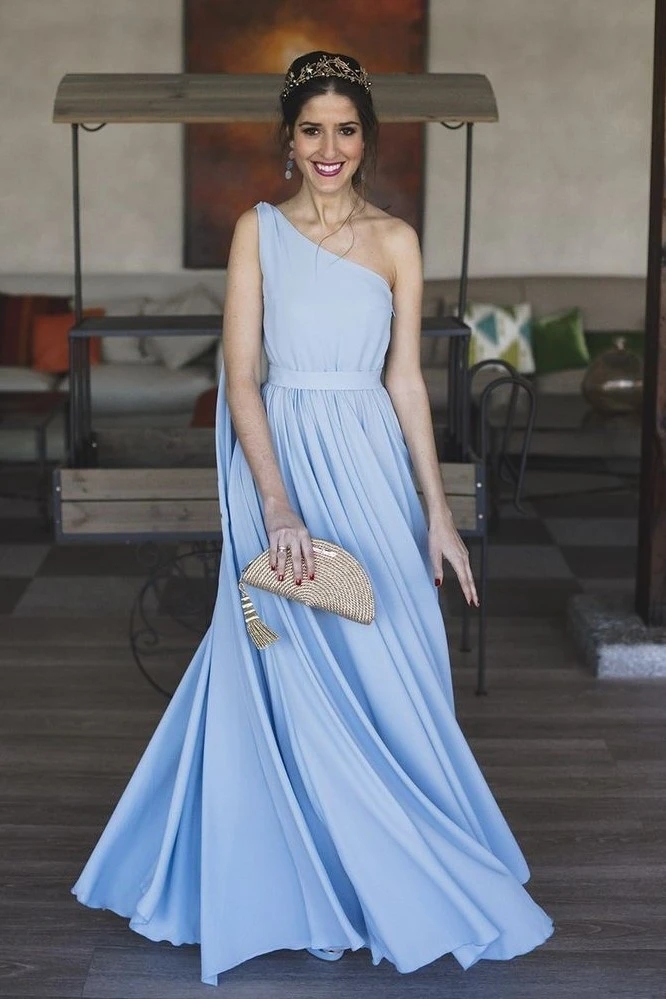 light blue one shoulder prom dress Glamorous Ocean Blue One-Shoulder Mermaid Prom Dress with Thigh Slit main image 1