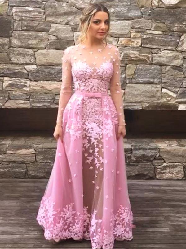 open lace back dress Dark Green See Through Prom Dresses with Sleeves Illusion Neck Party Dresses ARD2498 main image 0
