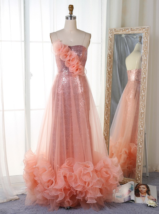 Mermaid Flowers Spaghetti Straps Rose Gold Peach Sequin Prom Dress