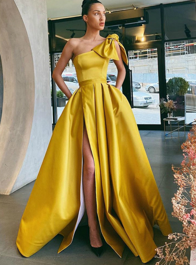 yellow satin prom dresses