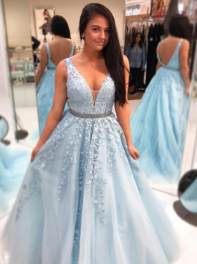light blue v neck prom dress