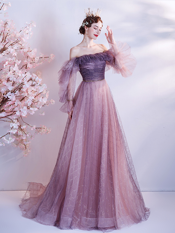 Purple Ruffle Long Prom Dresses 2018