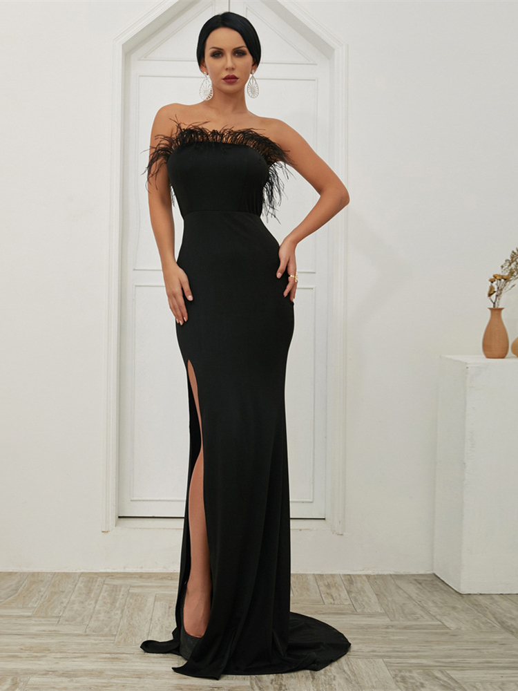 black strapless feather dress Mew Mews Lois Strapless Sequin Feather Trimmed Maxi Dress In Black