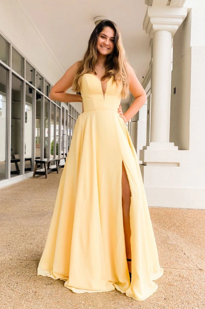 Sweetheart Long Satin Light Yellow Prom Dress With Slit Sweetheart Long Satin Light Yellow Prom Dress With Slit