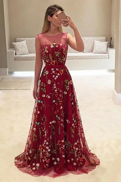 Shop 2021 Unique Red Embroidery Jewel Neck Sleeveless A Line Prom Dress  Under 198