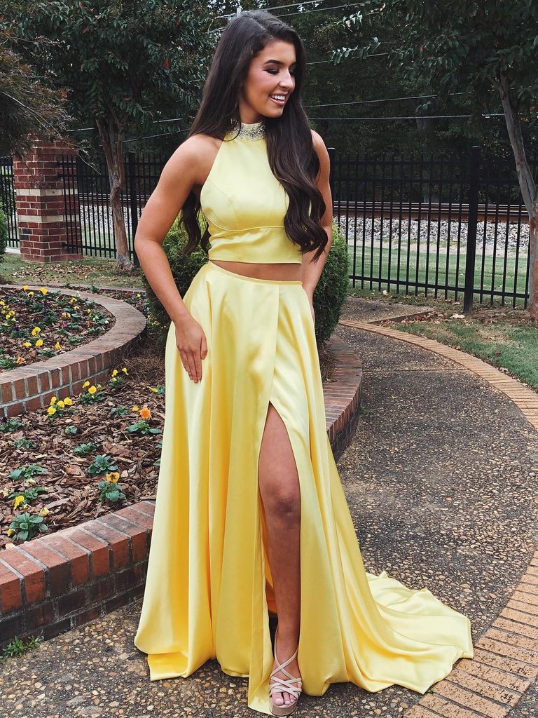 Cheap 2019 Two Pieces Yellow A Line High Neck Satin Long Prom Dresses with  High Split