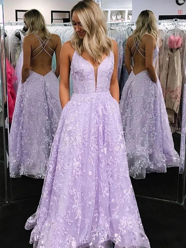 Buy Unique 2020 V Neck Backless Sexy Lilac Lace Appliques Prom Dress Under 150