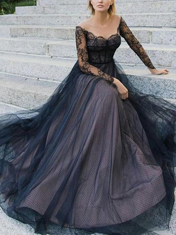Lace long sale sleeve prom dress