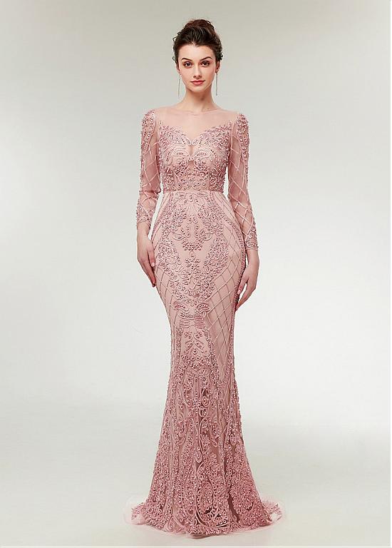 Pink Long Lace Jewel Mermaid Prom Evening Dress Pink Long Lace Jewel Mermaid Prom Evening Dress