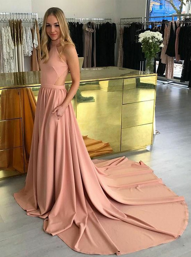 open lace back dress V Neck Pink Open Back Long Prom Dress with High Slit, Long Pink Formal   morievent
