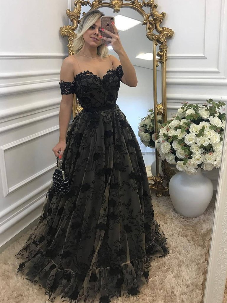 Cheap 2019 Black Lace Long Off The Shoulder Prom Dresses with Appliques Cheap 2019 Black Lace Long Off The Shoulder Prom Dresses with Appliques