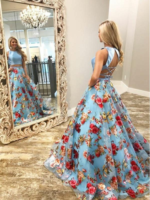 Two piece floral prom dresses new arrivals