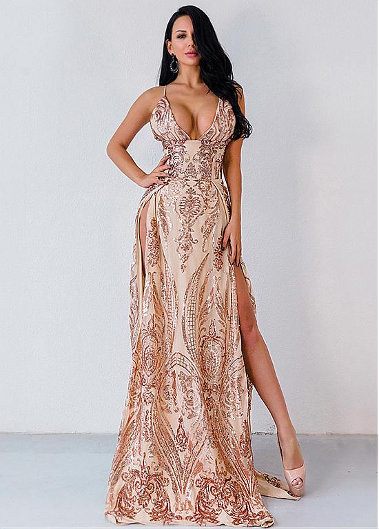 Sequin Spaghetti Straps Gold A-line Prom Dress