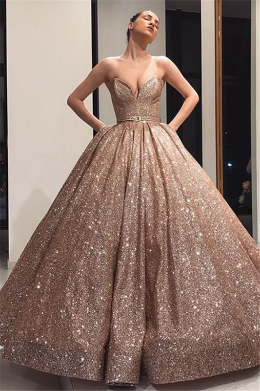 prom dress gold belt Shop Beautiful 2020 Strapless Gold Sequin Ball Gown Prom Dress With Belt  Under 200