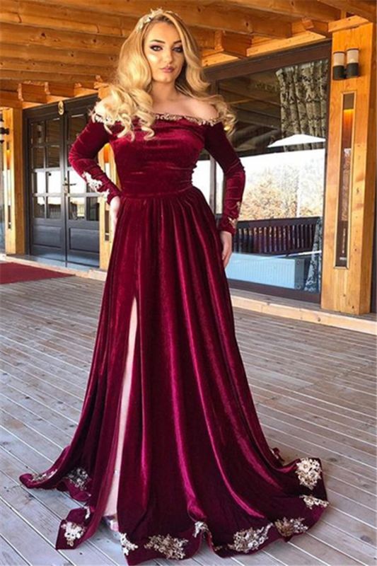 Wear a Classic Burgundy Off-The-Shoulder Velvet Long Sleeves Prom Dress For  Your Big Night