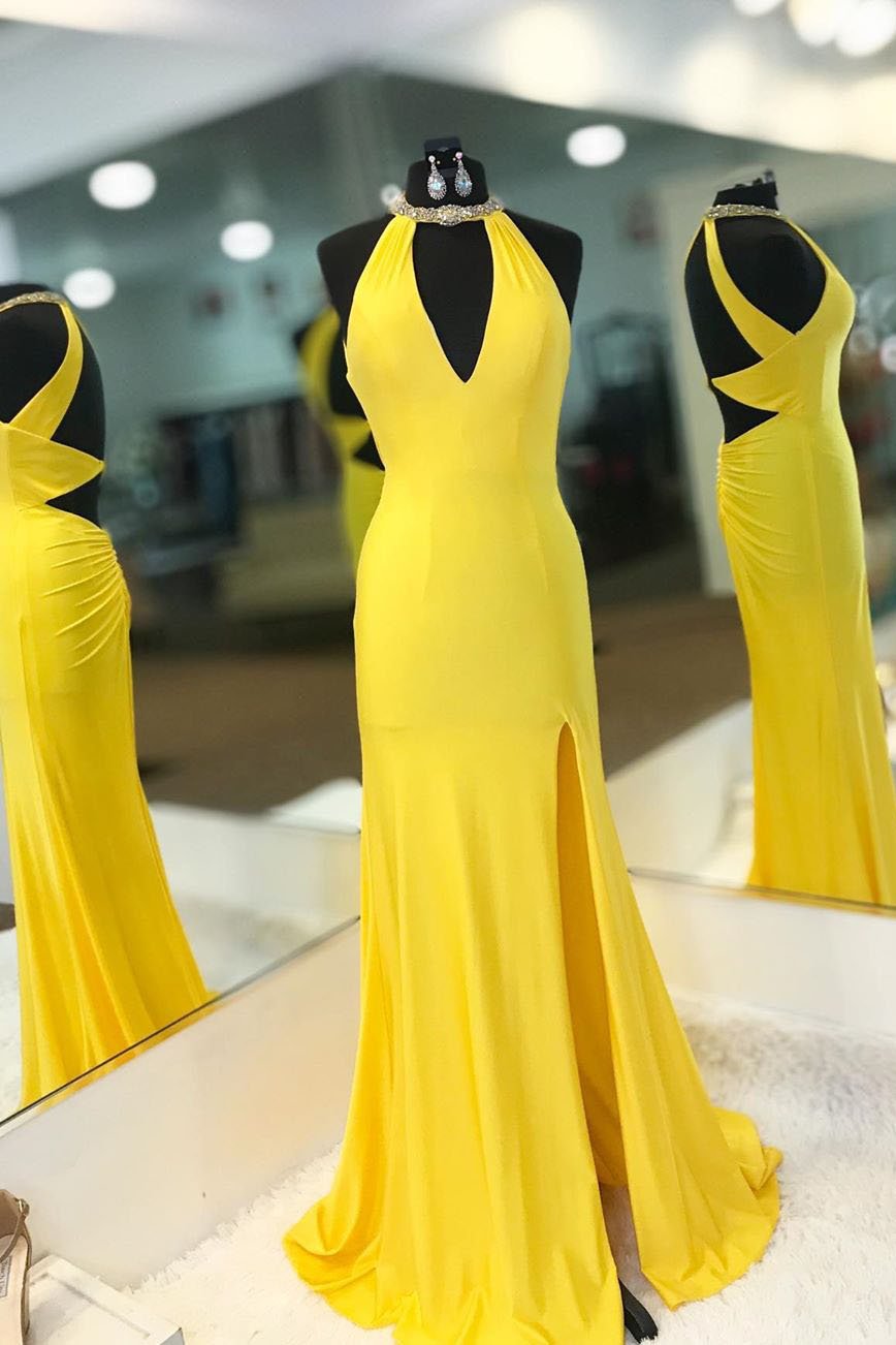yellow satin halter dress