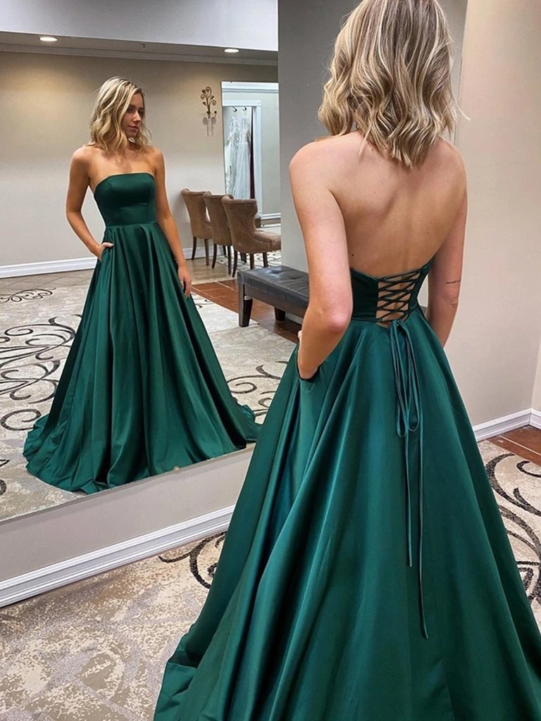 Shop 2020 Emerald Green Long Strapless Backless Prom Dresses with