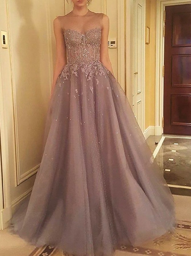 grey purple prom dress Zapakasa Women Grey Purple A-Line Halter Neck Beaded Long Prom Dress with  Appliques main image 0