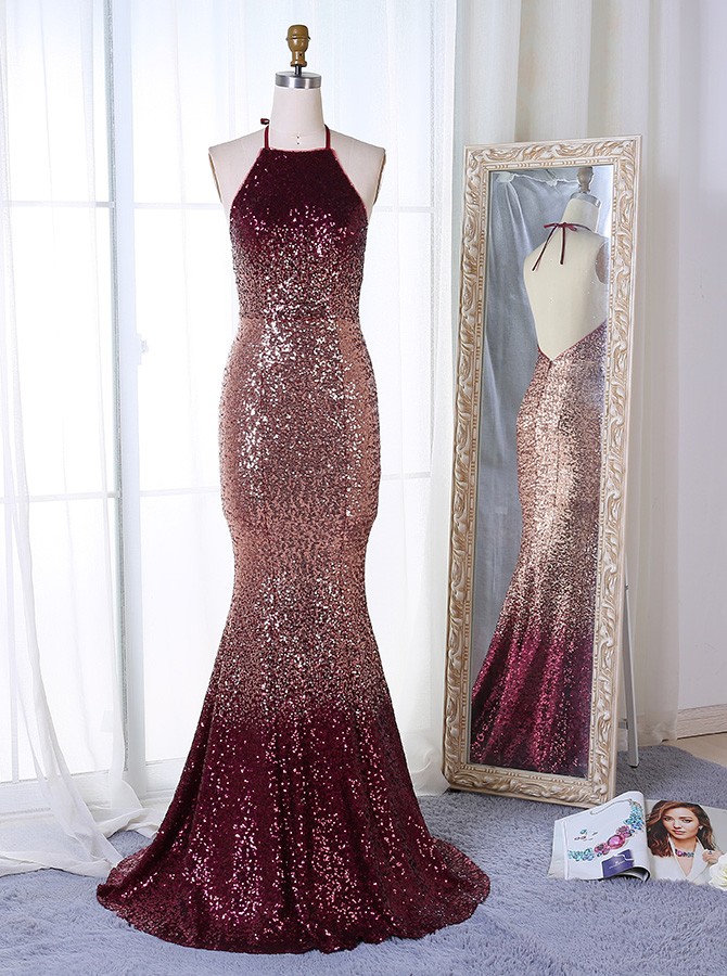 Ombre Mermaid Halter Backless Sequined Prom Dress Ombre Mermaid Halter Backless Sequined Prom Dress
