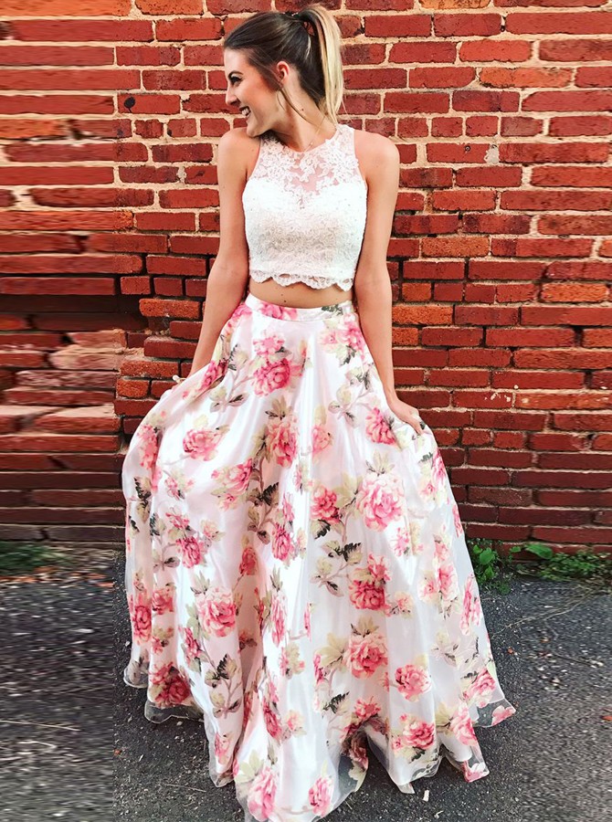 Two piece chiffon best sale prom dress