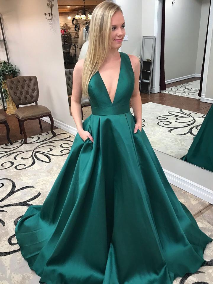 Satin V-neck Neckline Cut-out Long A-line Prom Dresses With Pockets