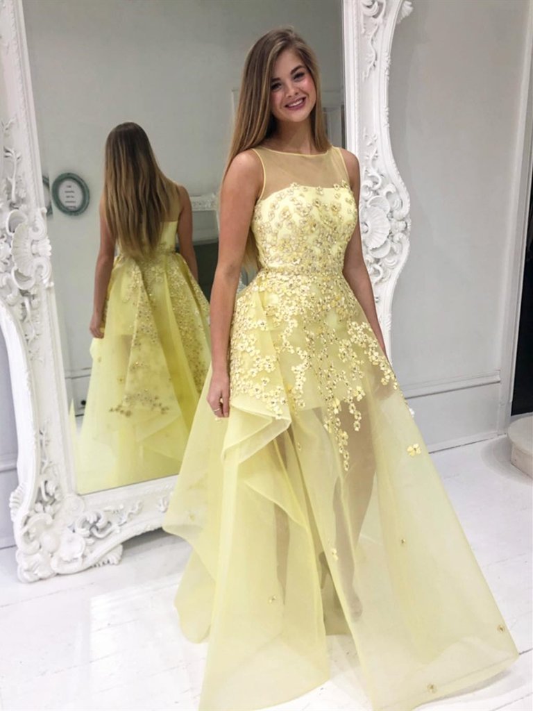 Shop 2021 Daffodil Yellow Tulle See Through High Low Flower Prom Dress Under 188 Shop 2021 Daffodil Yellow Tulle See Through High Low Flower Prom Dress Under 188