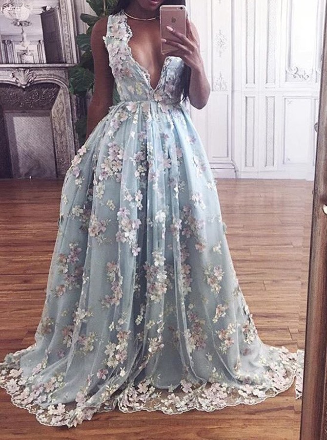 light blue prom dress with flowers